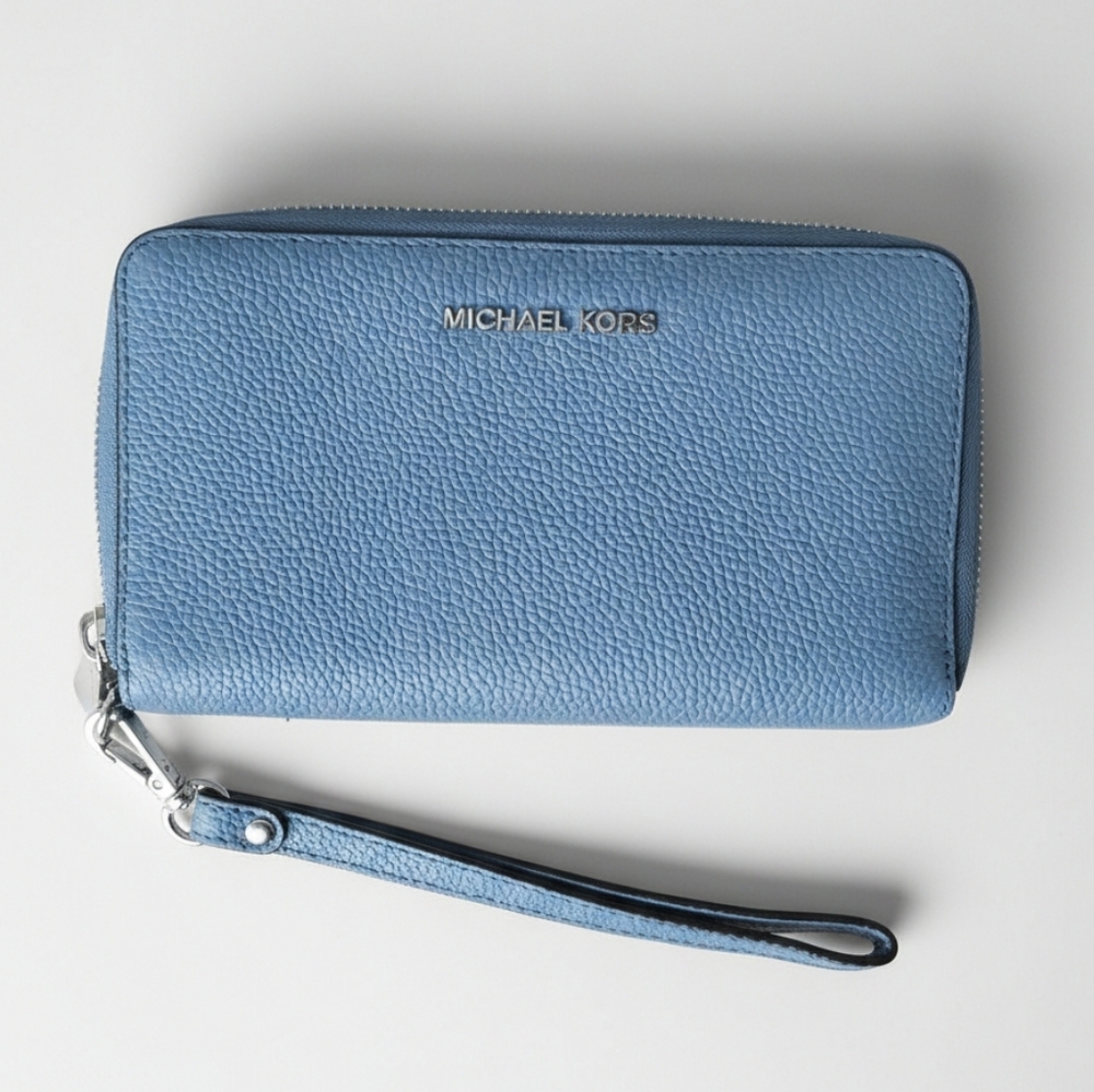 Michael Kors Light Blue Pebbled Leather Zip Wristlet Wallet